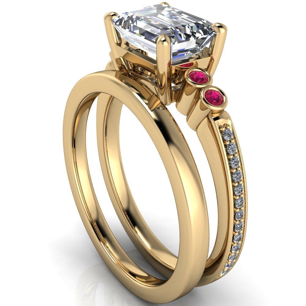 Philippa Emerald Moissanite 4 Ruby Sides 4 Prong Under Bezel Multi Stone Engagement Ring-Custom-Made Jewelry-Fire & Brilliance ®