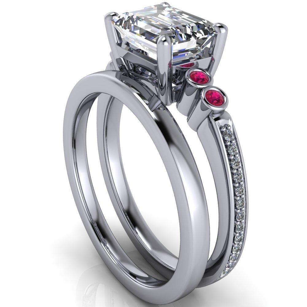 Philippa Emerald Moissanite 4 Ruby Sides 4 Prong Under Bezel Multi Stone Engagement Ring-Custom-Made Jewelry-Fire & Brilliance ®