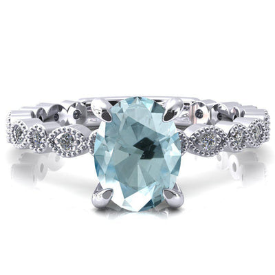 Polaris Oval Aqua Blue Spinel 4 Claw Prong Diamond Halo Full Eternity Engagement Ring-FIRE & BRILLIANCE