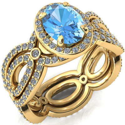 Polaris Oval Aqua Blue Spinel 4 Claw Prongs Diamond Halo Full Eternity Accent Ring-Custom-Made Jewelry-Fire & Brilliance ®