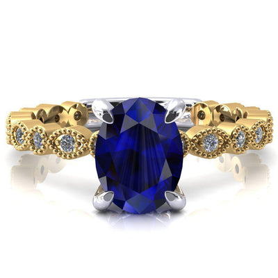 Polaris Oval Blue Sapphire 4 Claw Prong Diamond Halo Full Eternity Engagement Ring-FIRE & BRILLIANCE