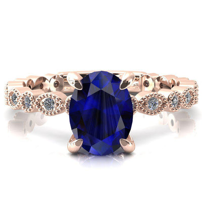 Polaris Oval Blue Sapphire 4 Claw Prong Diamond Halo Full Eternity Engagement Ring-FIRE & BRILLIANCE