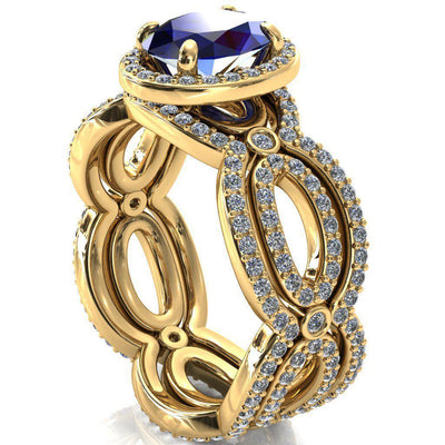 Polaris Oval Blue Sapphire 4 Claw Prongs Diamond Halo Full Eternity Accent Ring-Custom-Made Jewelry-Fire & Brilliance ®