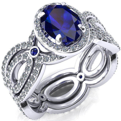 Polaris Oval Blue Sapphire Diamond Halo Full Eternity Blue Sapphire Bezel Diamond Accent Ring-Custom-Made Jewelry-Fire & Brilliance ®