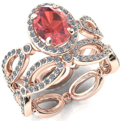 Polaris Oval Padparadscha Sapphire 4 Claw Prongs Diamond Halo Full Eternity Accent Ring-Custom-Made Jewelry-Fire & Brilliance ®