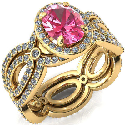 Polaris Oval Pink Sapphire 4 Claw Prongs Diamond Halo Full Eternity Accent Ring-Custom-Made Jewelry-Fire & Brilliance ®