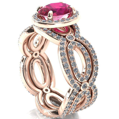 Polaris Oval Ruby 4 Claw Prongs Diamond Halo Full Eternity Accent Ring-Custom-Made Jewelry-Fire & Brilliance ®