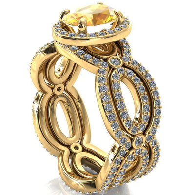 Polaris Oval Yellow Sapphire 4 Claw Prongs Diamond Halo Full Eternity Accent Ring-Custom-Made Jewelry-Fire & Brilliance ®