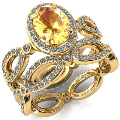 Polaris Oval Yellow Sapphire 4 Claw Prongs Diamond Halo Full Eternity Accent Ring-Custom-Made Jewelry-Fire & Brilliance ®