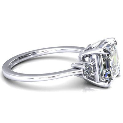 Poppy Asscher Moissanite 4 Claw Prong 2 Rail Basket Round Sidestones Inverted Cathedral Engagement Ring-FIRE & BRILLIANCE