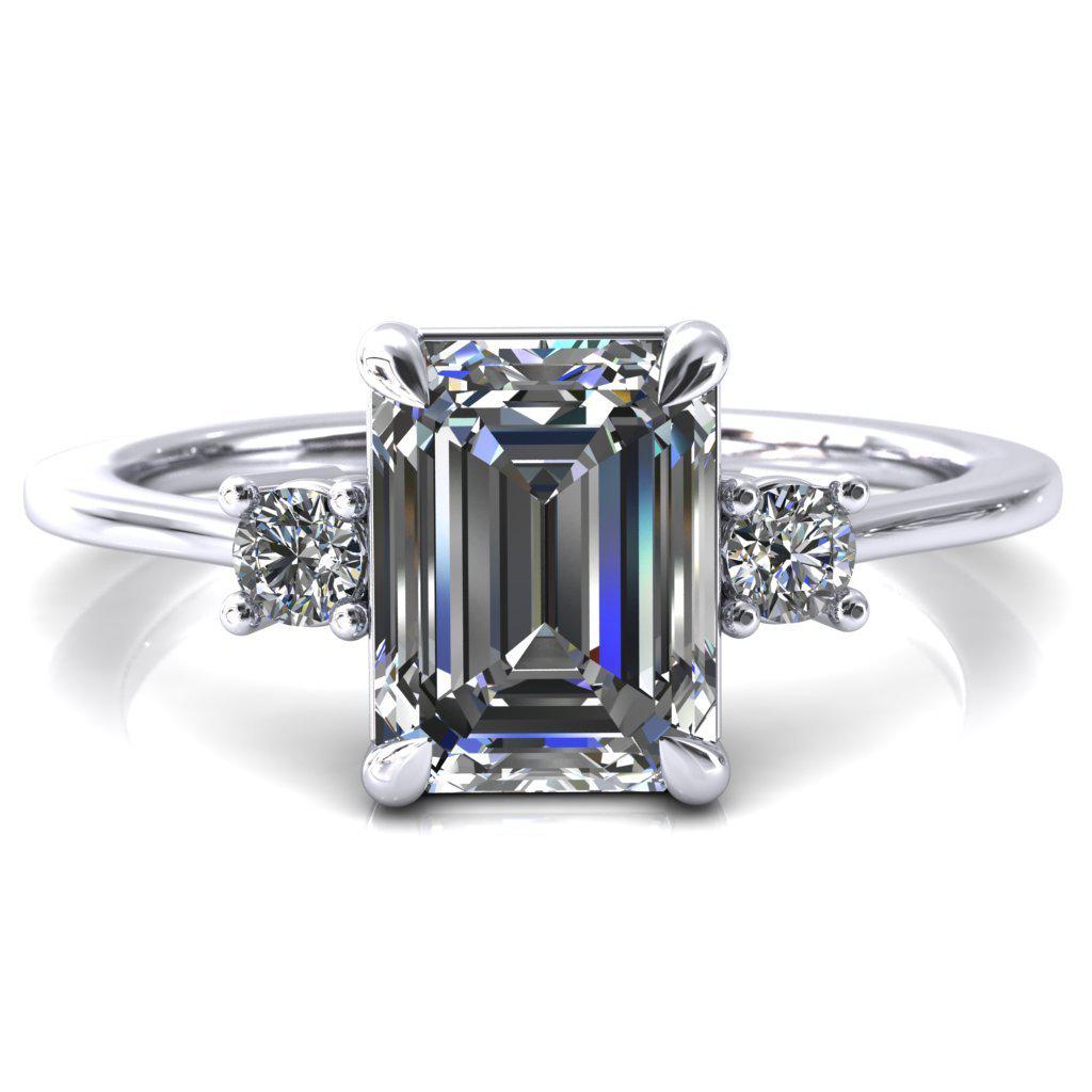 Poppy Emerald Moissanite 4 Claw Prong 2 Rail Basket Round Sidestones Inverted Cathedral Engagement Ring-FIRE & BRILLIANCE
