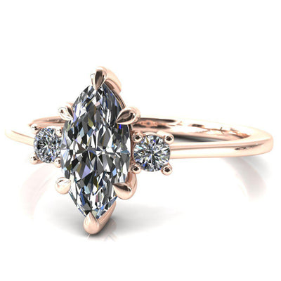 Poppy Marquise Moissanite 4 Claw Prong 2 Rail Basket Round Sidestones Inverted Cathedral Engagement Ring-FIRE & BRILLIANCE