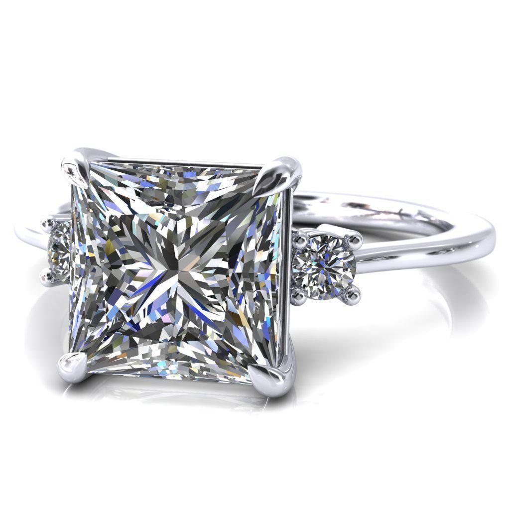 Poppy Princess/Square Moissanite 4 Claw Prong 2 Rail Basket Round Sidestones Inverted Cathedral Engagement Ring-FIRE & BRILLIANCE