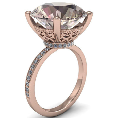 Portia 14mm Round Morganite Center and Diamond Halo Filigree Basket and Diamond Shoulders 14k Rose Gold 8.6 Carat Total Weight-Custom-Made Jewelry-Fire & Brilliance ®