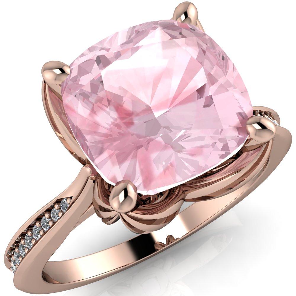 Portia 7mm Cushion Cut Morganite Center and Floral Basket Cathedral Diamond Shank 14k Rose Gold Ring-Custom-Made Jewelry-Fire & Brilliance ®