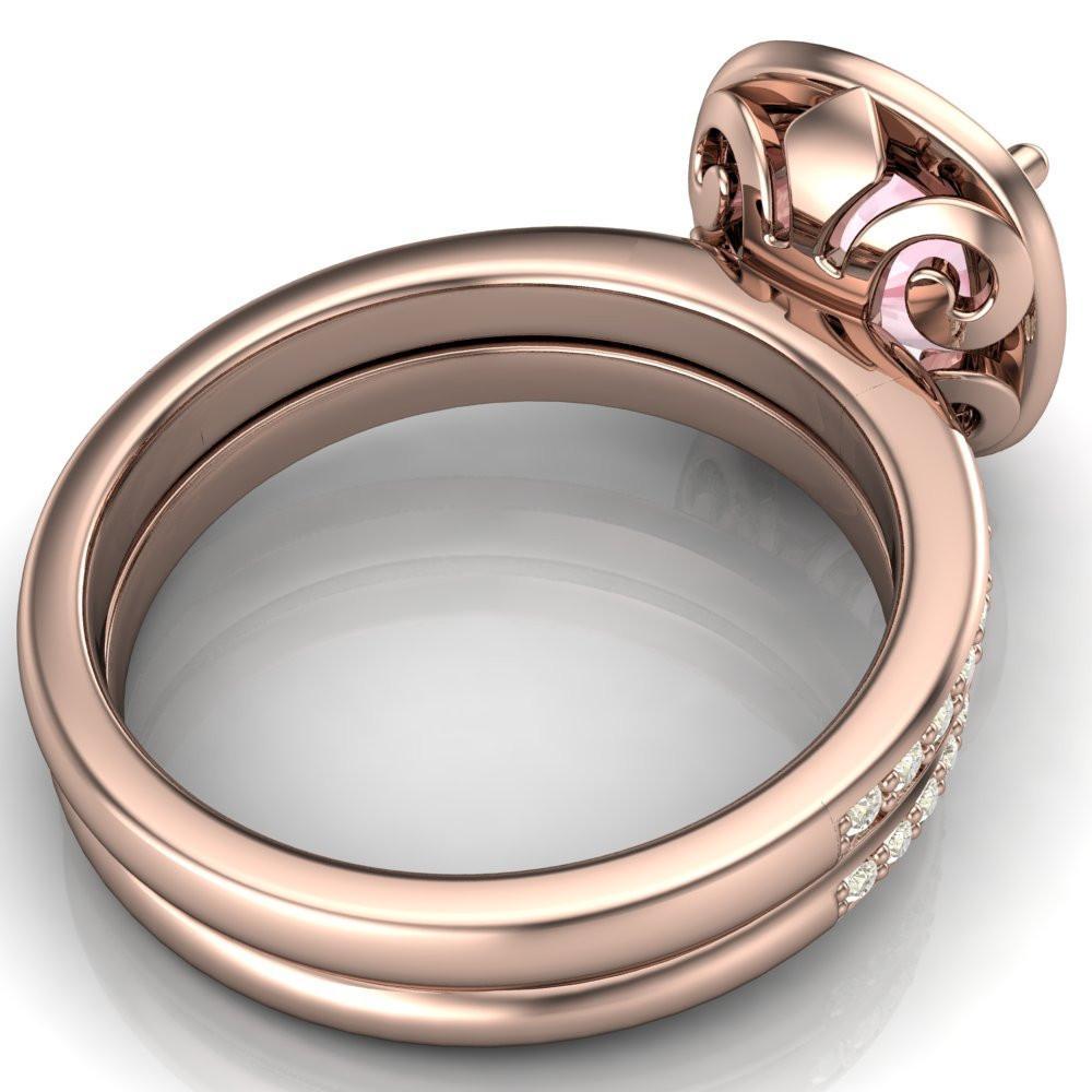 Portia 7mm Cushion Morganite Engagement & Wedding Set with Halo and Half Eternity Diamonds on 14k or 18k Gold, Palladium, or Platinum-Custom-Made Jewelry-Fire & Brilliance ®