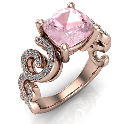 Portia 7mm Natural Cushion Morganite Center Swirl Shank Micro Pave Diamond Accent Shoulder 14k Rose Gold Ring-Custom-Made Jewelry-Fire & Brilliance ®