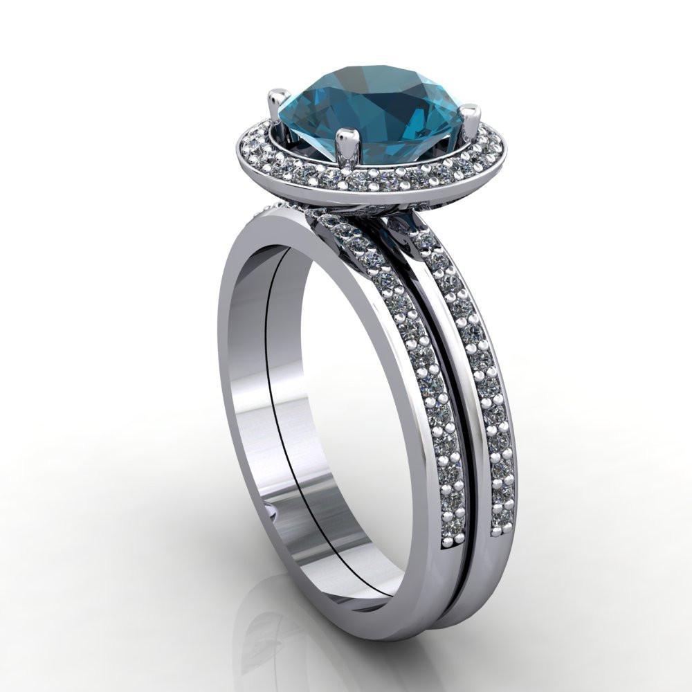 Portia 8mm AAA Natural London Blue Topaz Diamond Collar and Shoulders Design 14k White Gold Ring with Option of Matching Wedding Band-Custom-Made Jewelry-Fire & Brilliance ®