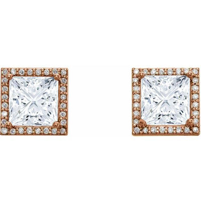 Princess Moissanite & Diamond Halo 4 Prong Earrings-FIRE & BRILLIANCE