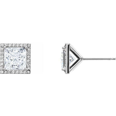 Princess Moissanite & Diamond Halo 4 Prong Earrings-FIRE & BRILLIANCE