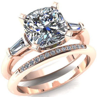 Quinn Cushion Moissanite 4 Prong Single Baguette Diamond Side Ring-Custom-Made Jewelry-Fire & Brilliance ®