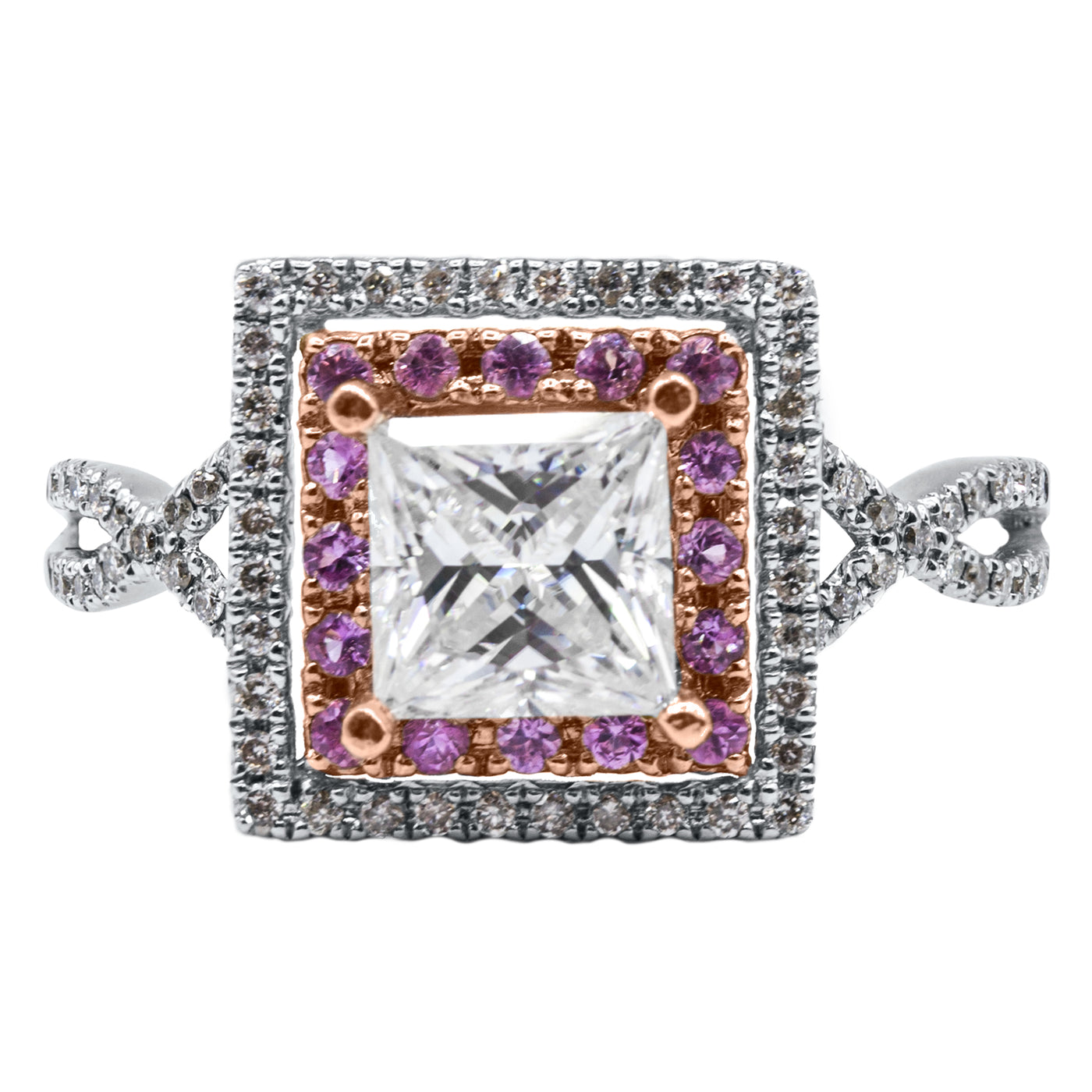 5.5mm Princess Cut Moissanite, Diamond & Pink Sapphire 14k Gold Double Halo with Infinity Ring