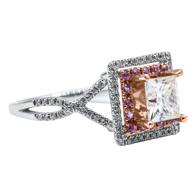 5.5mm Princess Cut Moissanite, Diamond & Pink Sapphire 14k Gold Double Halo with Infinity Ring