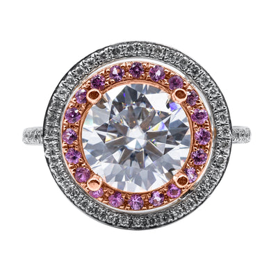 8mm Round Moissanite, Diamond & Pink Sapphire 14k Gold Double Halo Ring
