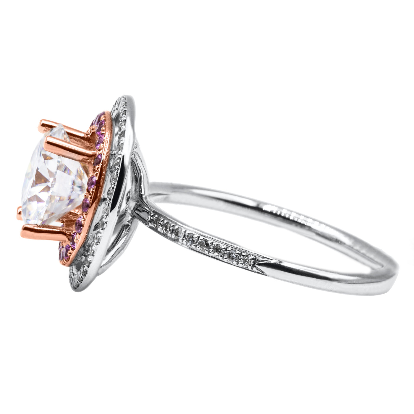 8mm Round Moissanite, Diamond & Pink Sapphire 14k Gold Double Halo Ring