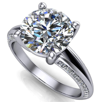 Reagan Round Moissanite 4 Prong Split Band Diamond Side Engagement Ring-Custom-Made Jewelry-Fire & Brilliance ®