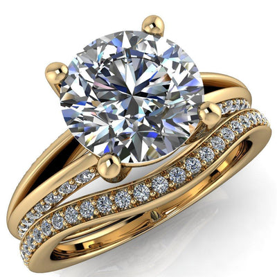 Reagan Round Moissanite 4 Prong Split Band Diamond Side Engagement Ring-Custom-Made Jewelry-Fire & Brilliance ®