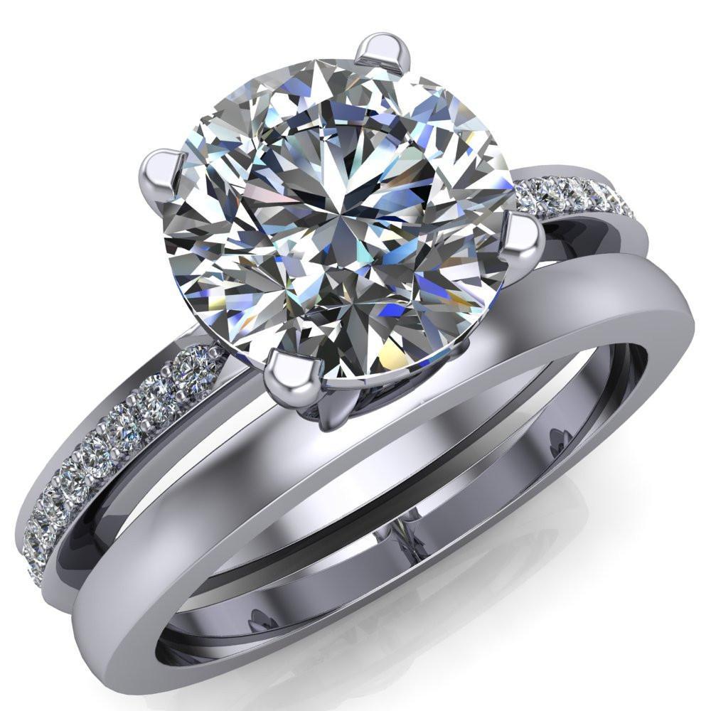 Riley Round Moissanite Exquisite 4 Prong Shank Diamond Etched Sides Solitaire Ring-Custom-Made Jewelry-Fire & Brilliance ®