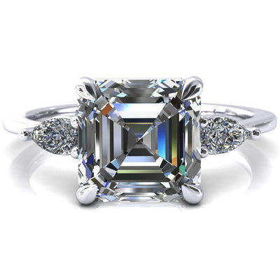 Robyn Asscher Moissanite 4 Claw Prong 2 Rail Basket Pear Sidestones Inverted Cathedral Engagement Ring-FIRE & BRILLIANCE