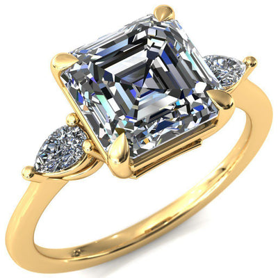Robyn Asscher Moissanite 4 Claw Prong 2 Rail Basket Pear Sidestones Inverted Cathedral Engagement Ring-FIRE & BRILLIANCE