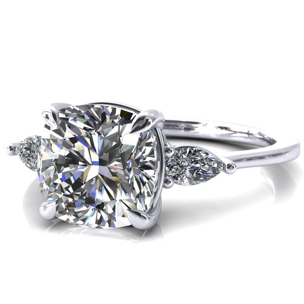 Robyn Cushion Moissanite 4 Claw Prong 2 Rail Basket Pear Sidestones Inverted Cathedral Engagement Ring-FIRE & BRILLIANCE