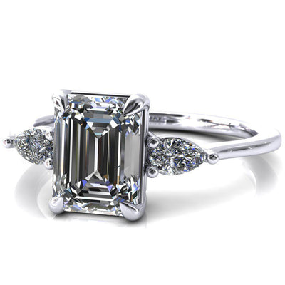 Robyn Emerald Moissanite 4 Claw Prong 2 Rail Basket Pear Sidestones Inverted Cathedral Engagement Ring-FIRE & BRILLIANCE