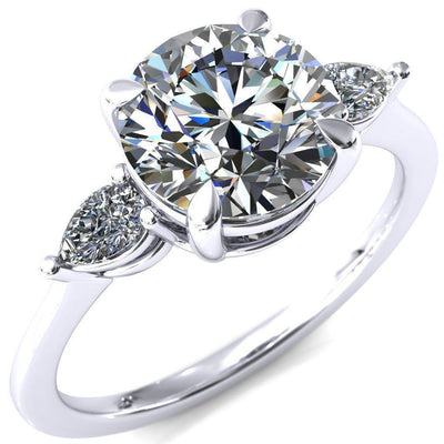 Robyn Round Moissanite 4 Claw Prong 2 Rail Basket Pear Sidestones Inverted Cathedral Engagement Ring-FIRE & BRILLIANCE