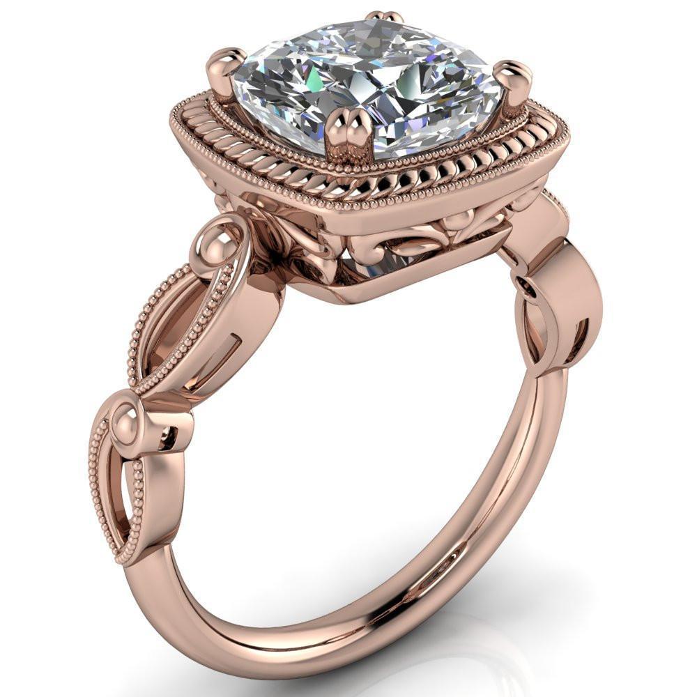 Rosemary Cushion Moissanite Serpentine Halo Under Bezel 4 Prong Ring-Custom-Made Jewelry-Fire & Brilliance ®