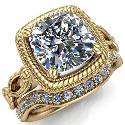 Rosemary Cushion Moissanite Serpentine Halo Under Bezel 4 Prong Ring-Custom-Made Jewelry-Fire & Brilliance ®