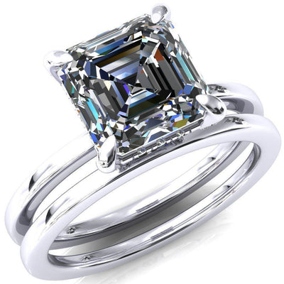 Rosy Asscher Moissanite 4 Claw Prong Single Rail Micropave Engagement Ring-FIRE & BRILLIANCE