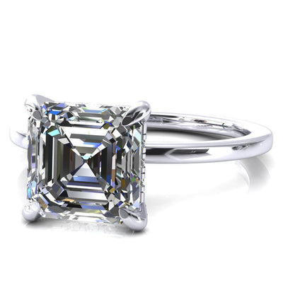 Rosy Asscher Moissanite 4 Claw Prong Single Rail Micropave Engagement Ring-FIRE & BRILLIANCE
