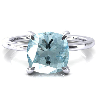 Rosy Cushion Aqua Blue Spinel 4 Claw Prong Single Rail Micropave Engagement Ring-FIRE & BRILLIANCE
