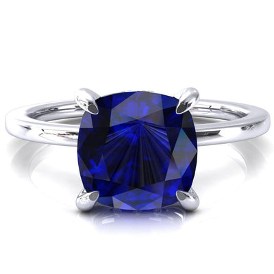 Rosy Cushion Blue Sapphire 4 Claw Prong Single Rail Micropave Engagement Ring-FIRE & BRILLIANCE