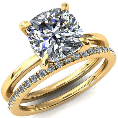 Rosy Cushion Moissanite 4 Claw Prong Single Rail Micropave Engagement Ring-FIRE & BRILLIANCE