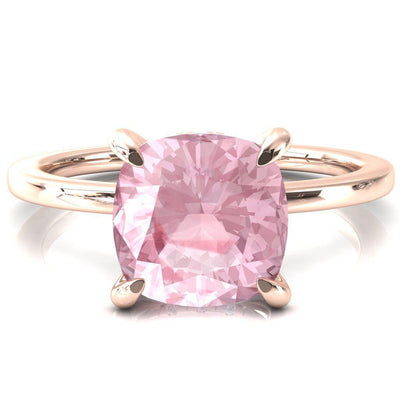 Rosy Cushion Pink Sapphire 4 Claw Prong Single Rail Micropave Engagement Ring-FIRE & BRILLIANCE