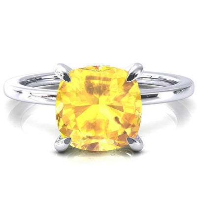 Rosy Cushion Yellow Sapphire 4 Claw Prong Single Rail Micropave Engagement Ring-FIRE & BRILLIANCE