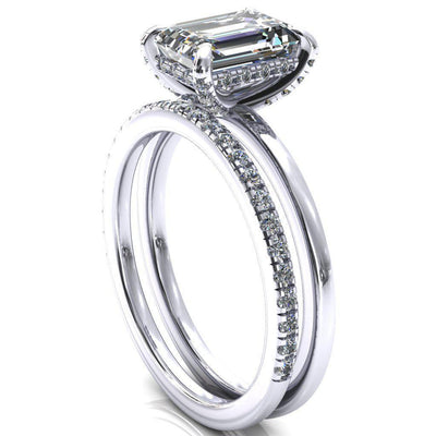 Rosy Emerald Moissanite 4 Claw Prong Single Rail Micropave Engagement Ring-FIRE & BRILLIANCE