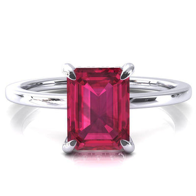 Rosy Emerald Ruby 4 Claw Prong Single Rail Micropave Engagement Ring-FIRE & BRILLIANCE