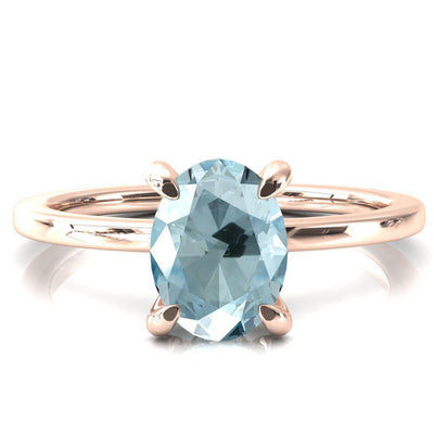 Rosy Oval Aqua Blue Spinel 4 Claw Prong Single Rail Micropave Engagement Ring-FIRE & BRILLIANCE