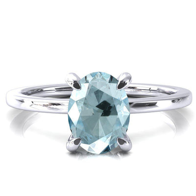 Rosy Oval Aqua Blue Spinel 4 Claw Prong Single Rail Micropave Engagement Ring-FIRE & BRILLIANCE